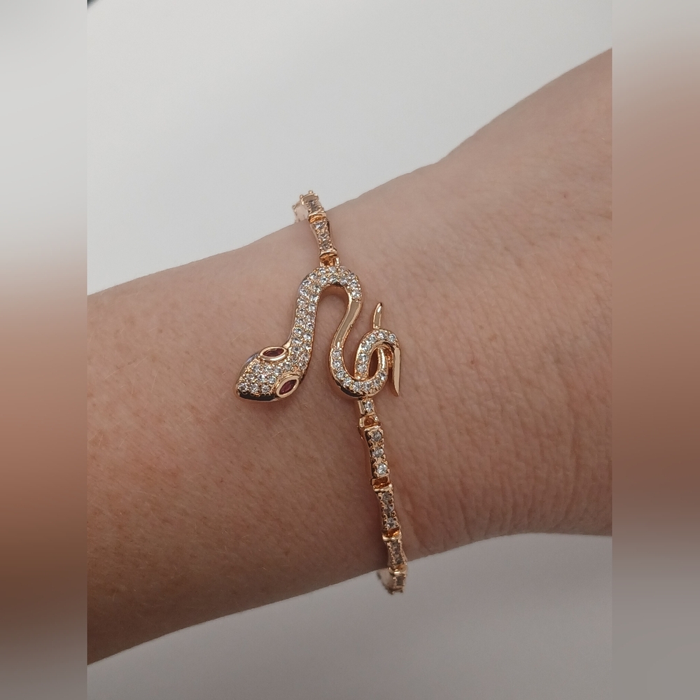 New 18k Goldplated Snake Serpent Pink Eyes CZ Plated 7" Bracelet Pretty Bird